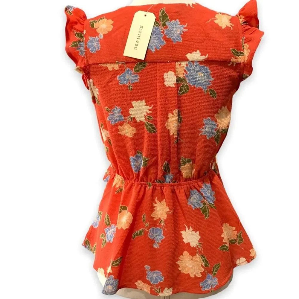 New monteau blouse sleeveless faux wrap orange floral side tie top shirt size‎ M
